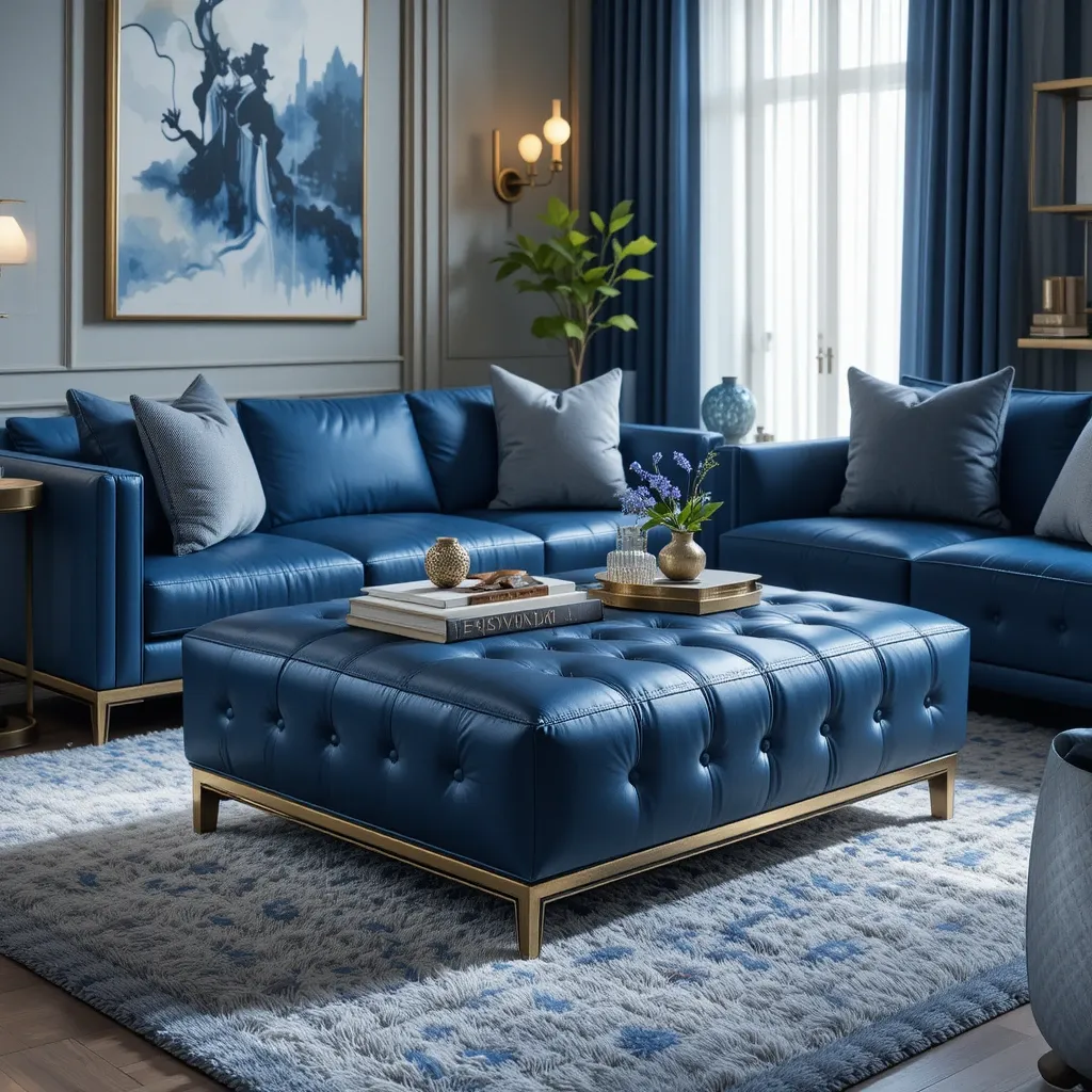 Blue Leather Ottoman