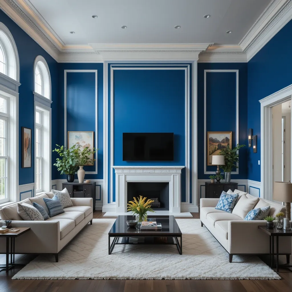 Bold Blue Accent Walls with White Trim