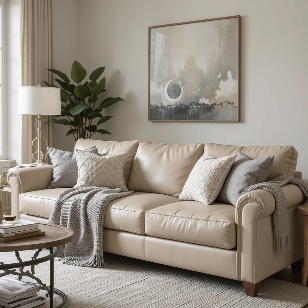 Beige Leather Sofa with Grey Throw Blanket