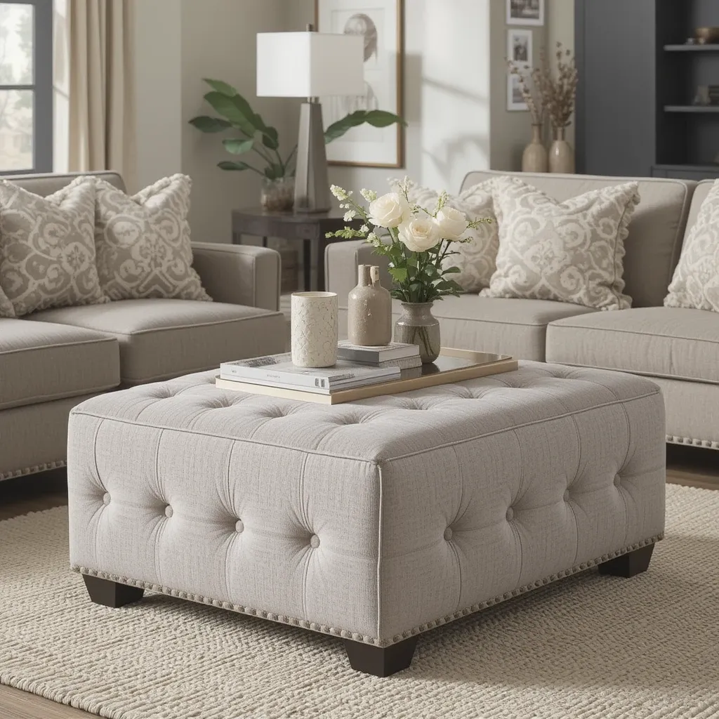 Beige Ottoman with Grey Upholstery