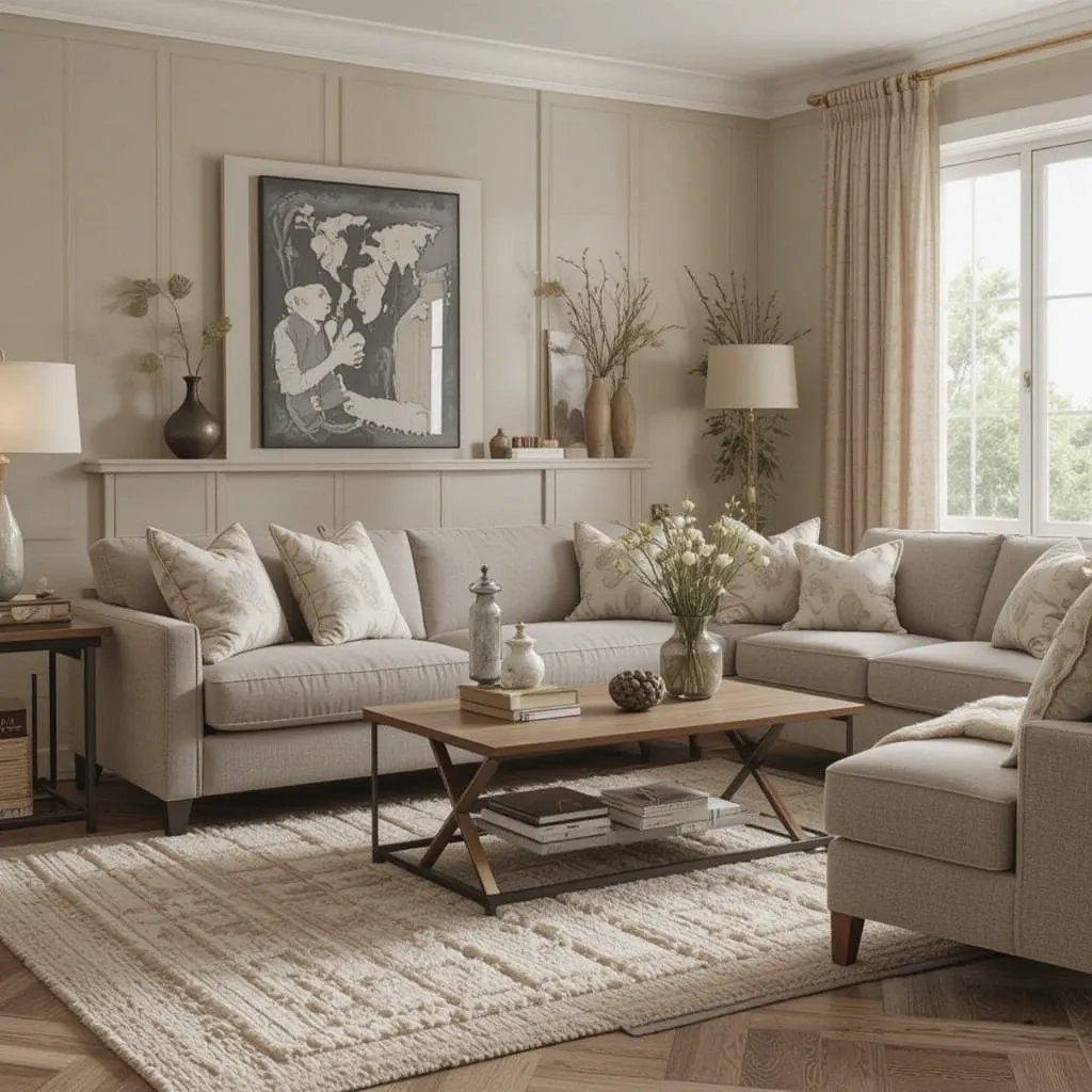 Beige Rug with Grey and Beige Couch