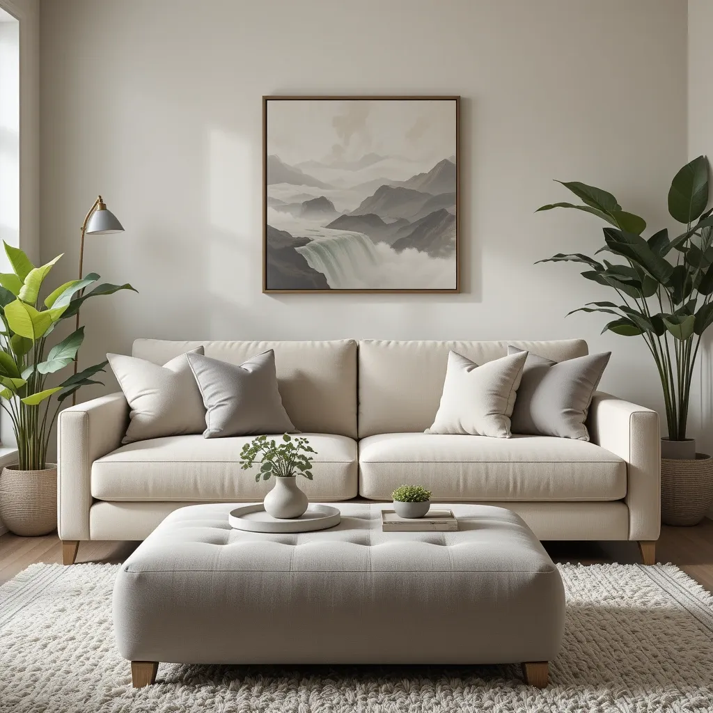 Beige Sofa with Grey Accents and Plants