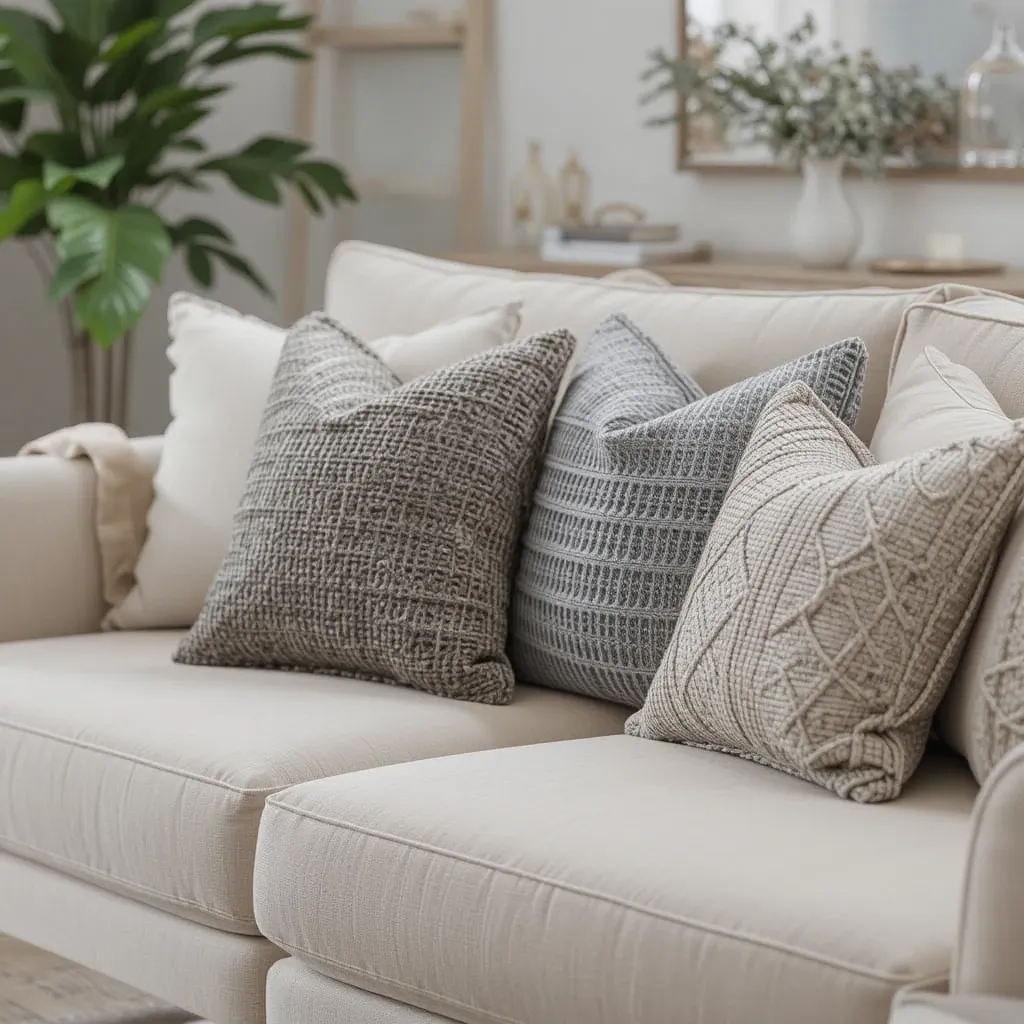 Beige Sofa with Grey Textured Throw Pillows