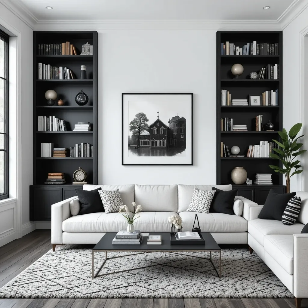 Black Bookshelves Against White Walls
