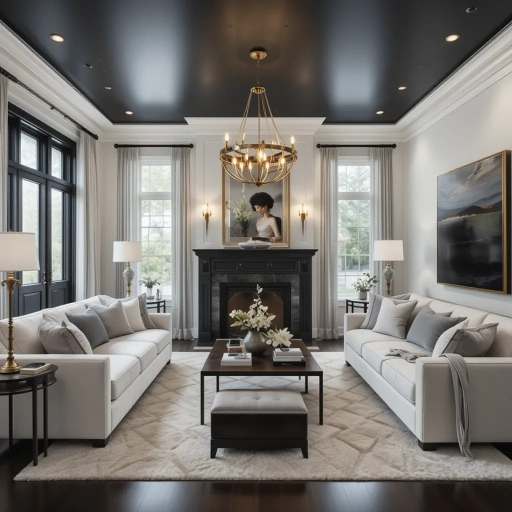 Black Ceiling with Gold Pendant Lighting