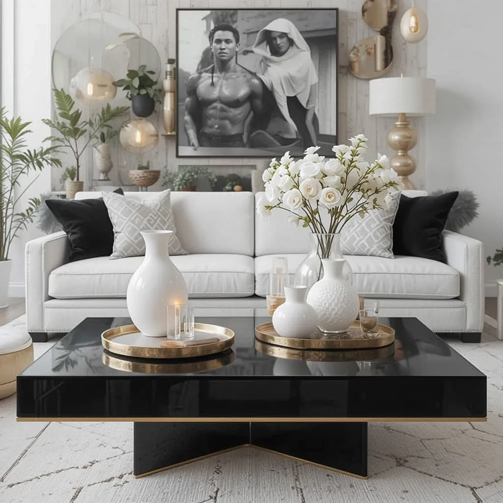 Black Glass Coffee Table with White Decor and Gold Accents