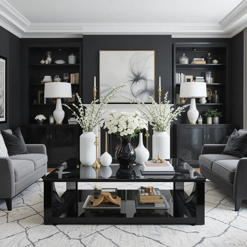 Black Glass Coffee Table with White and Gold Accents