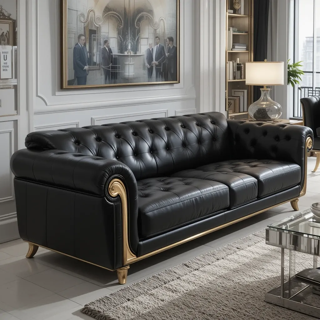 Black Leather Couch with Metallic Accents