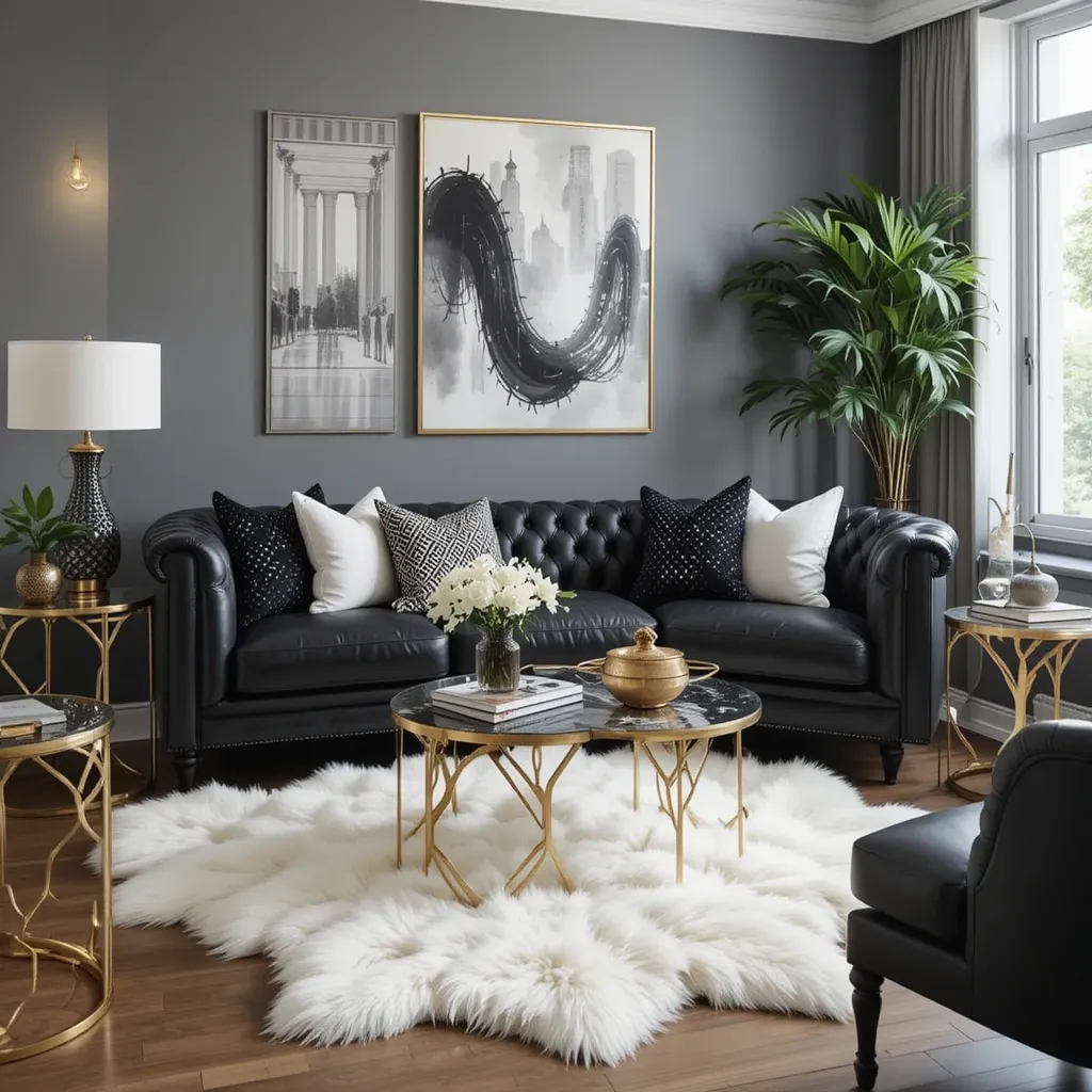 Black Leather Sofa with White Faux Fur Rug and Gold Side Tables