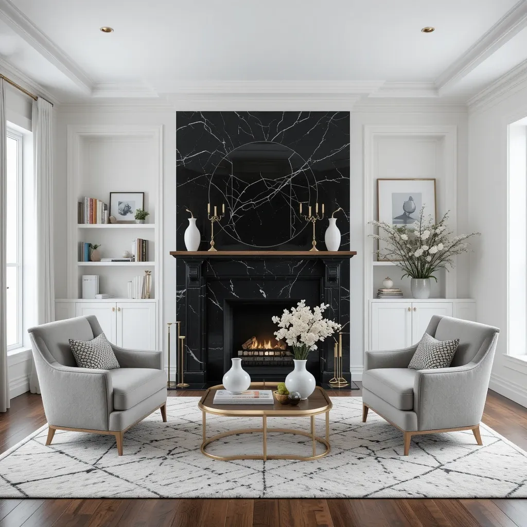 Black Marble Fireplace with Gold Mantel Accents