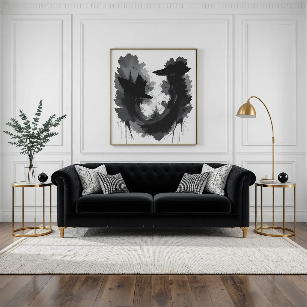 Black Velvet Sofa with Gold Accents