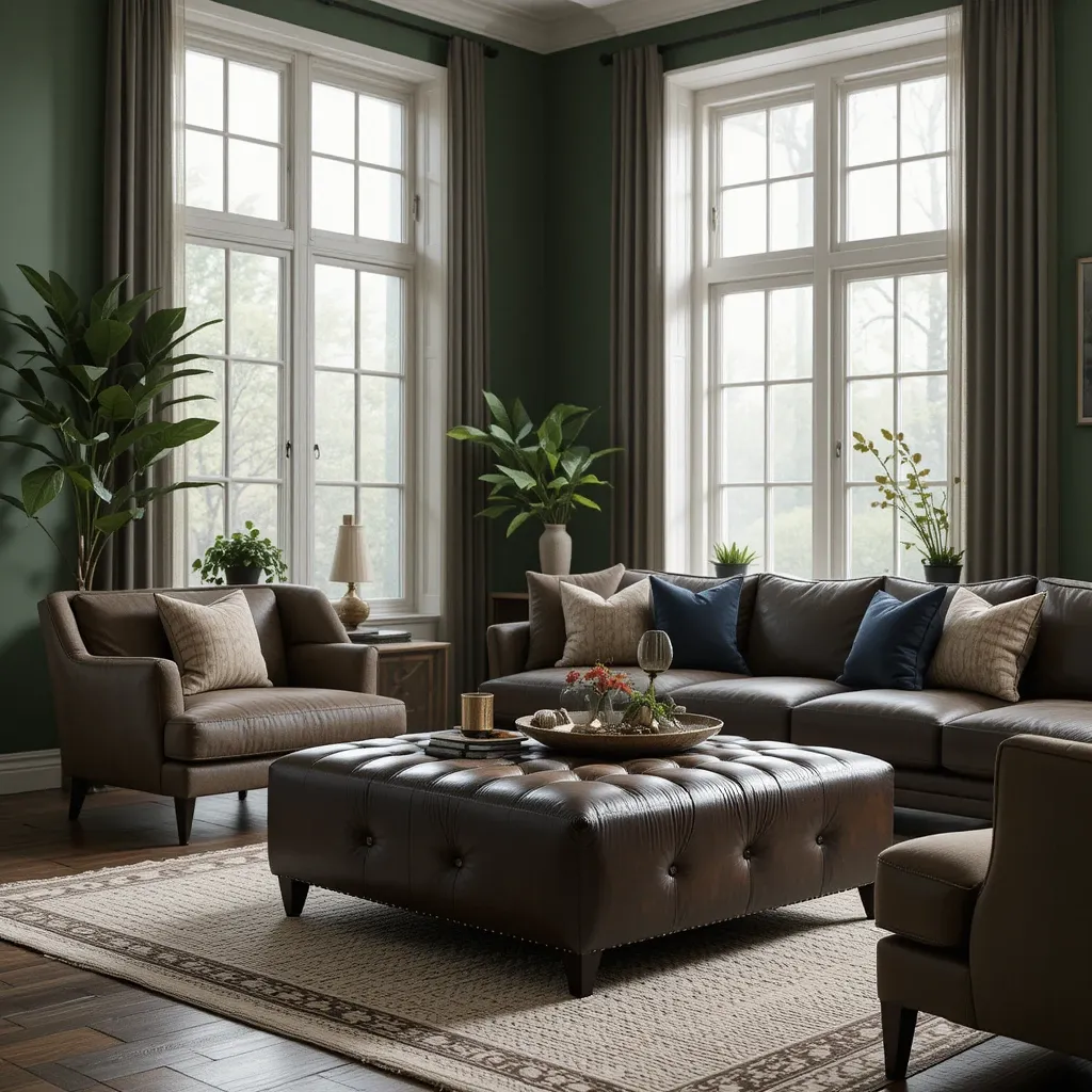 Black and Brown Leather Ottoman with Greenery