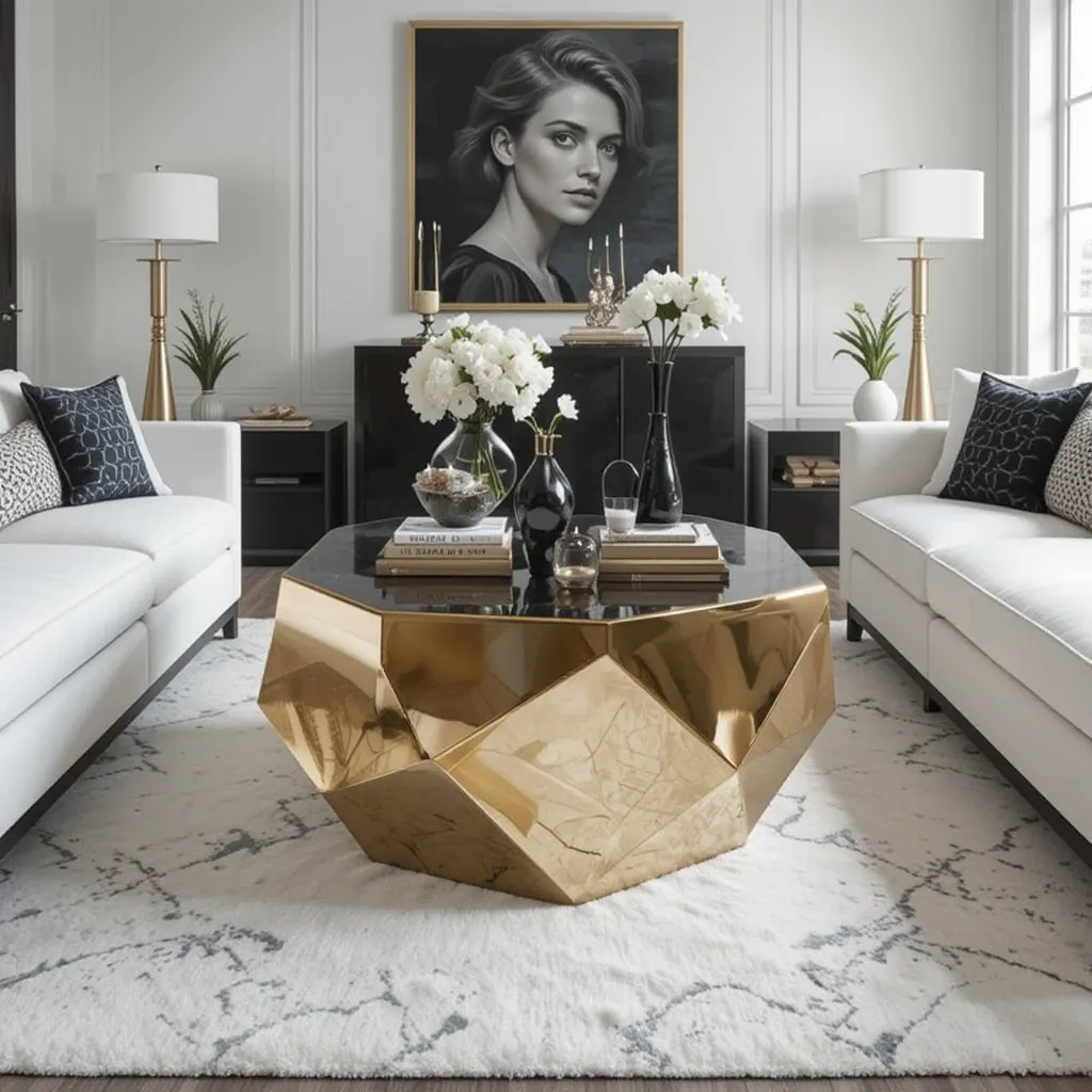 Black and Gold Geometric Coffee Table with White Sofas