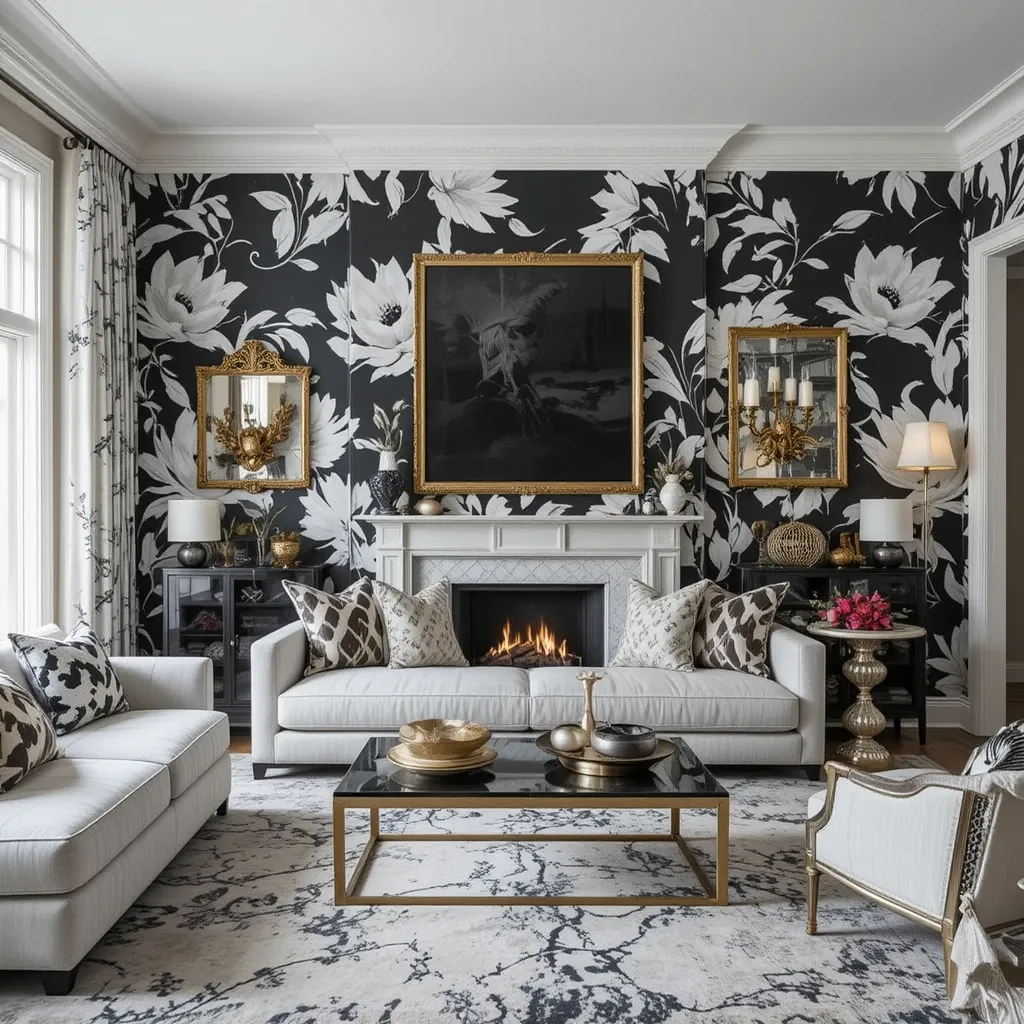 Black and White Abstract Wallpaper with Gold Accents