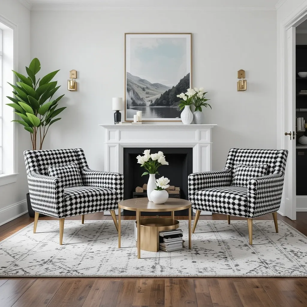Black and White Houndstooth Armchairs with Gold Legs