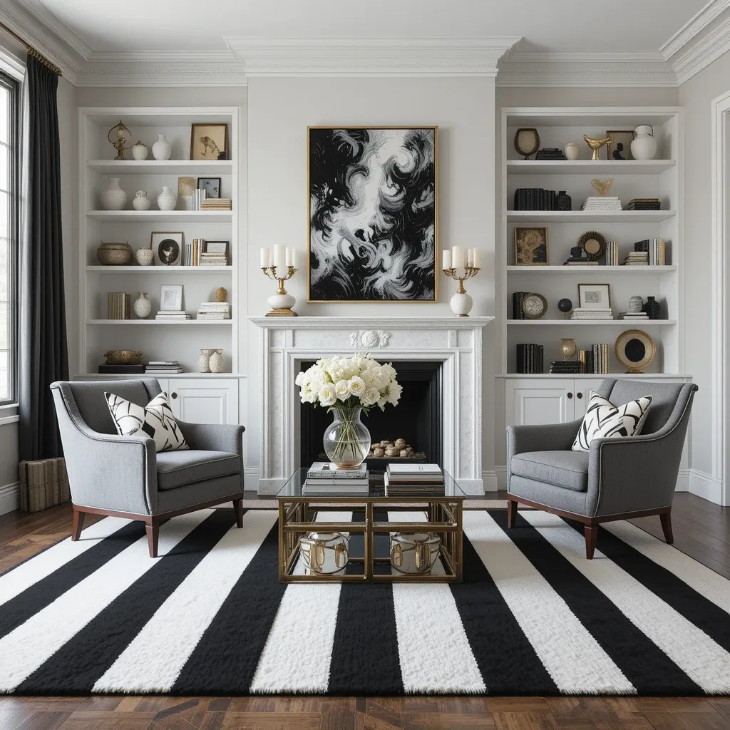 Black and White Striped Rug with Gold Accessories