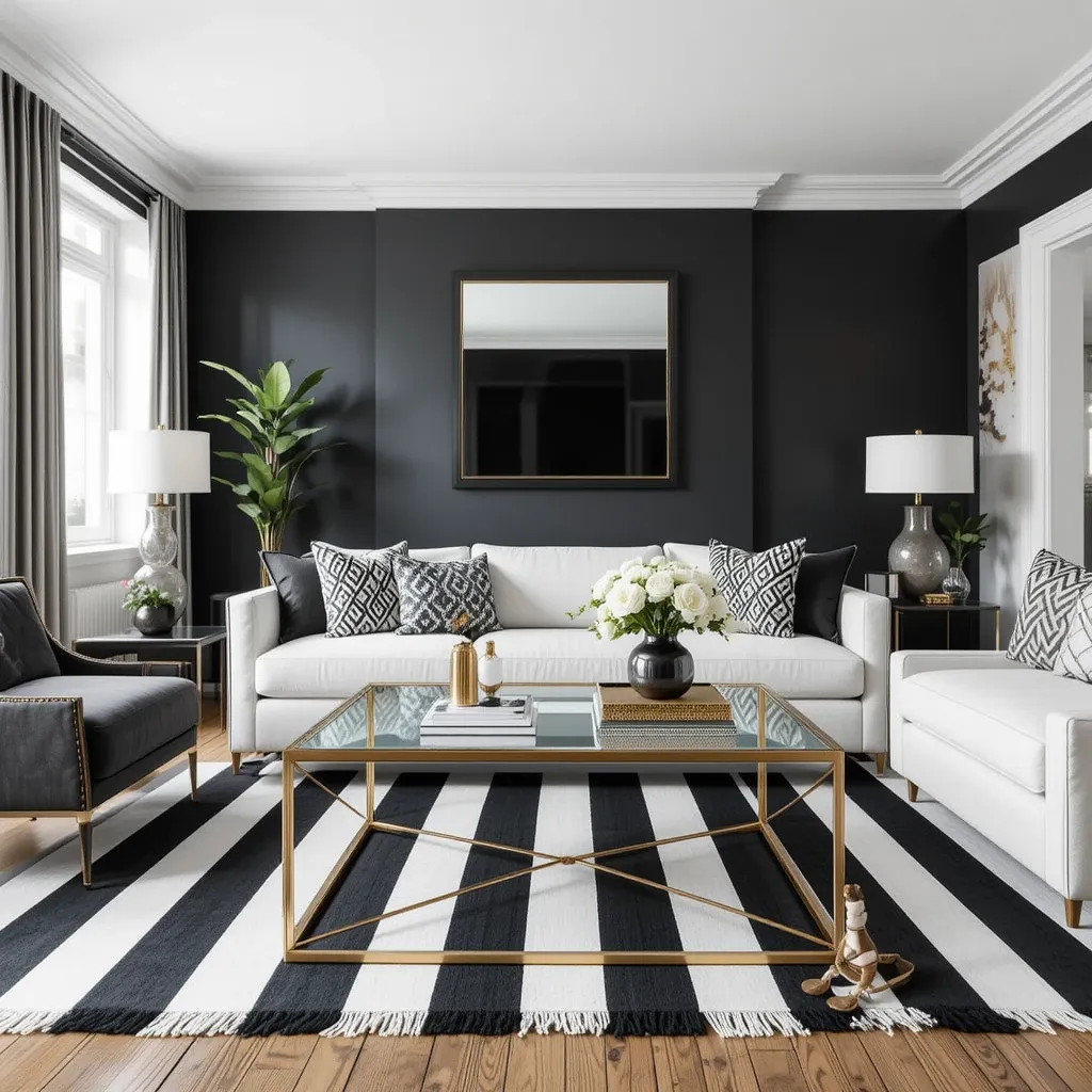 Black and White Striped Rug with Gold Coffee Table