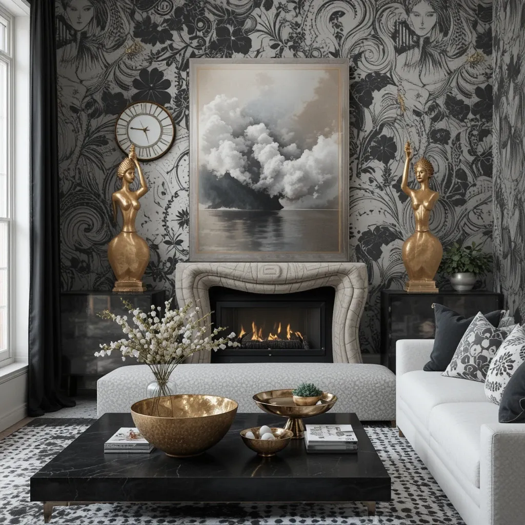Black and White Textured Wallpaper with Gold Sculptures
