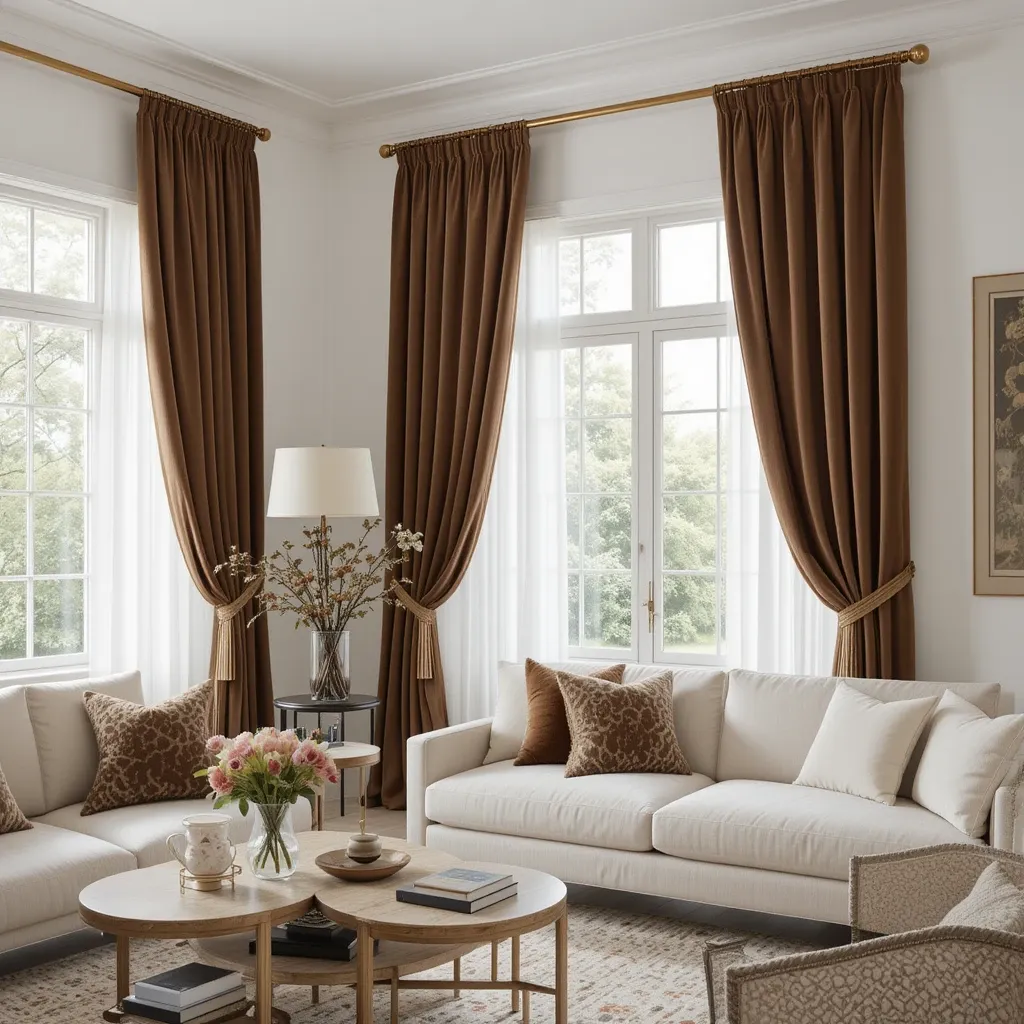 Brown Velvet Curtains Against White Walls