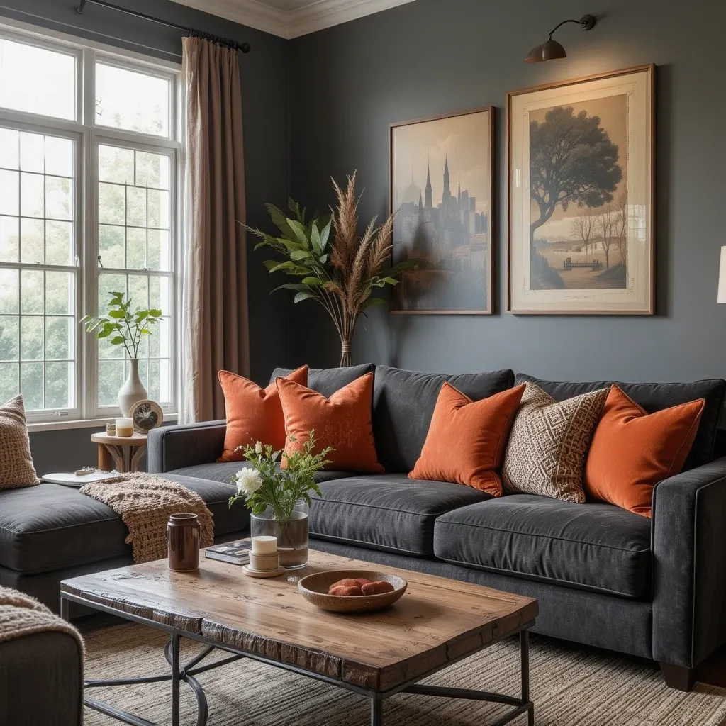 Burnt Orange Accent Pillows on Dark Sofa