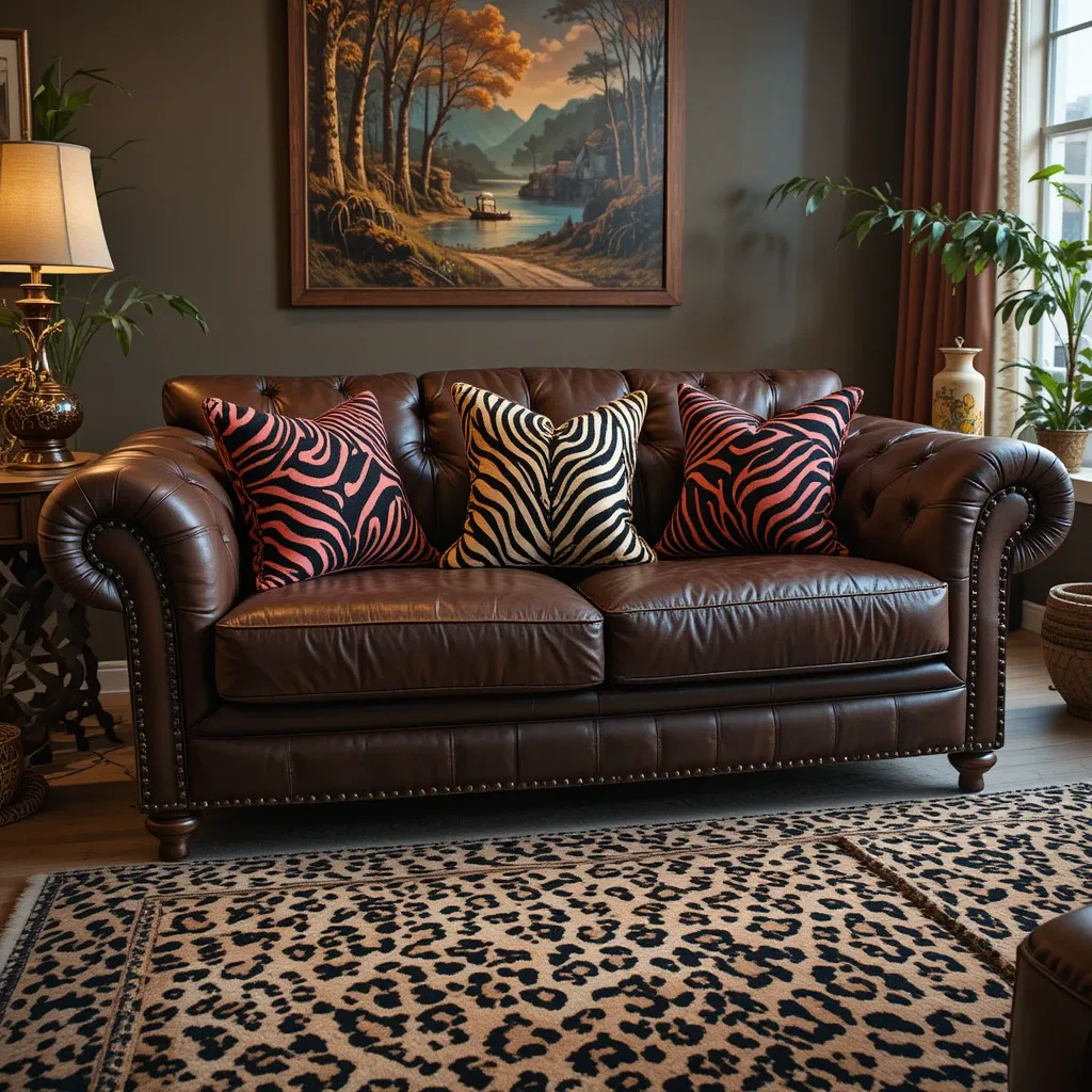 Chocolate Brown Leather Sofa with Animal Prints