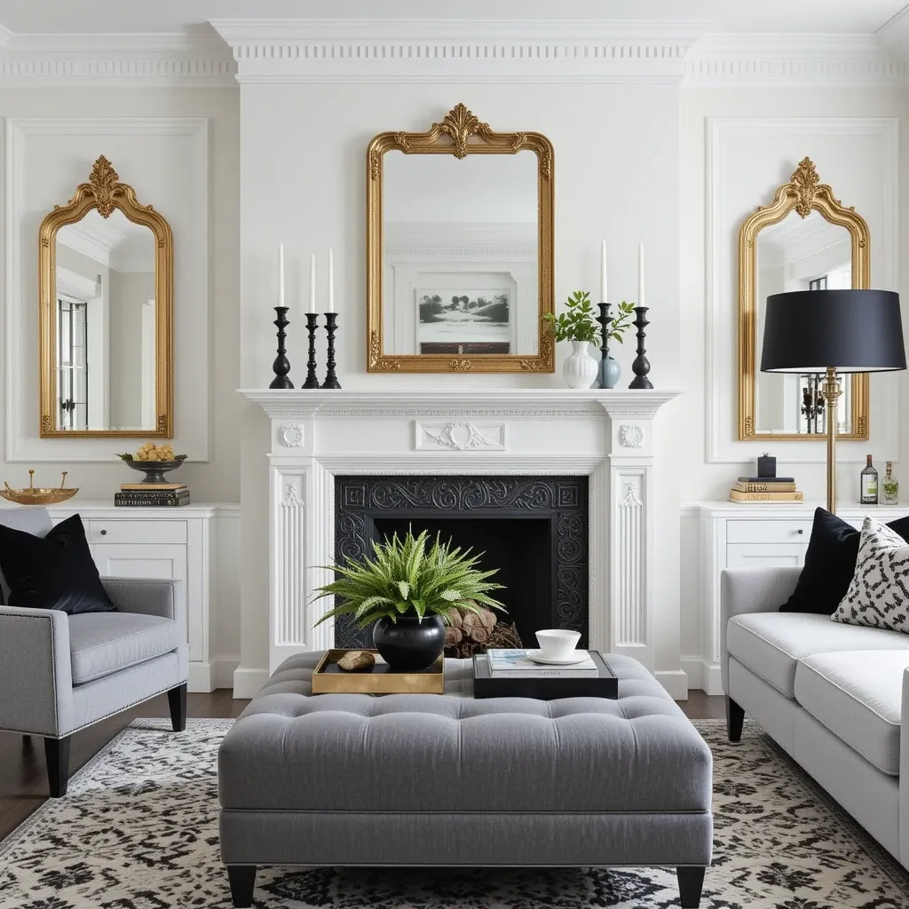 Classic White Fireplace with Black and Gold Decor
