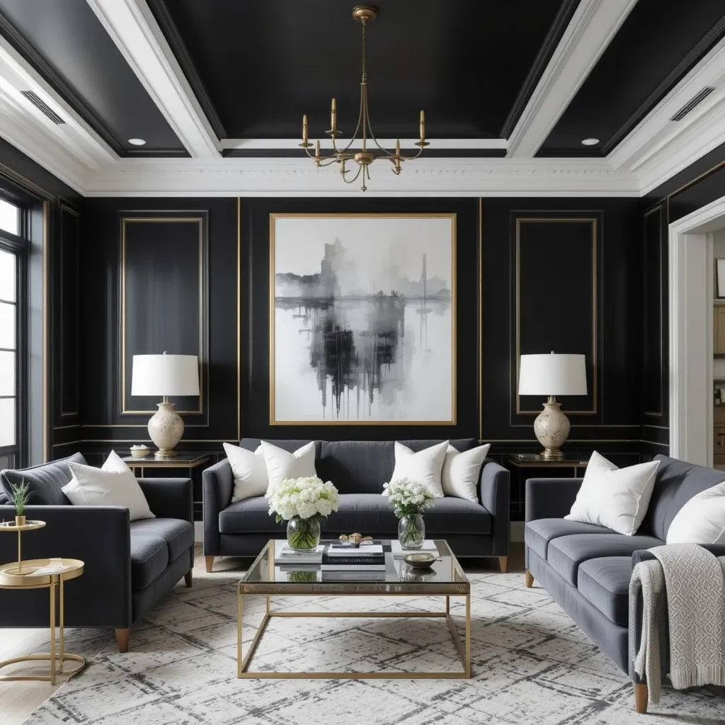 Contemporary Black Walls with Gold Trim