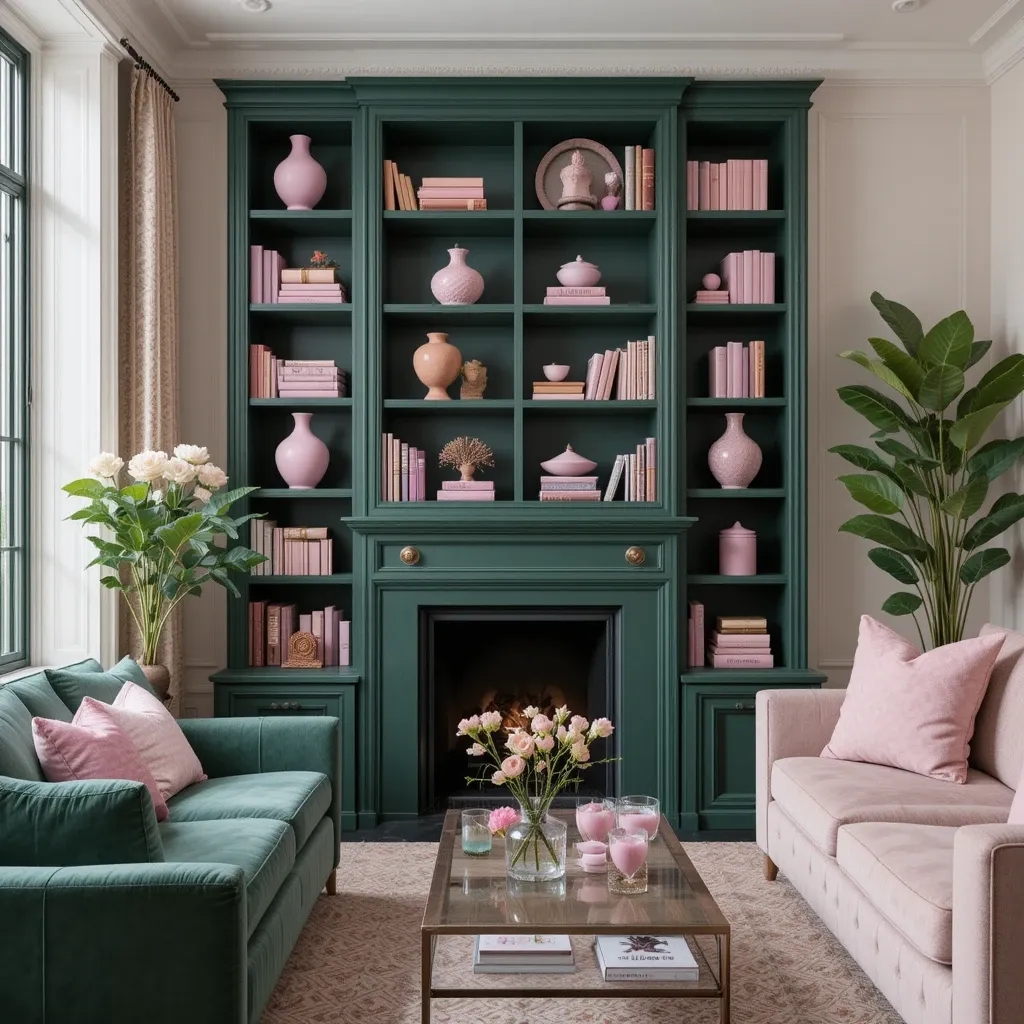 Dark Green Bookshelves with Pink Decor