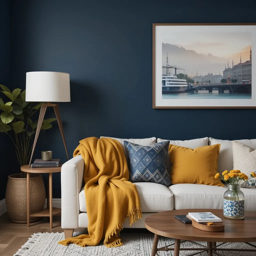 Dark Navy Blue Walls with Mustard Yellow Throw