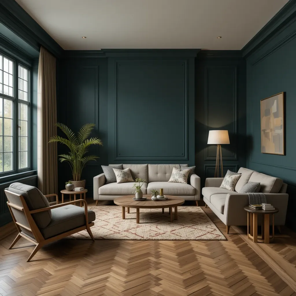 Dark Teal Walls with Wooden Flooring