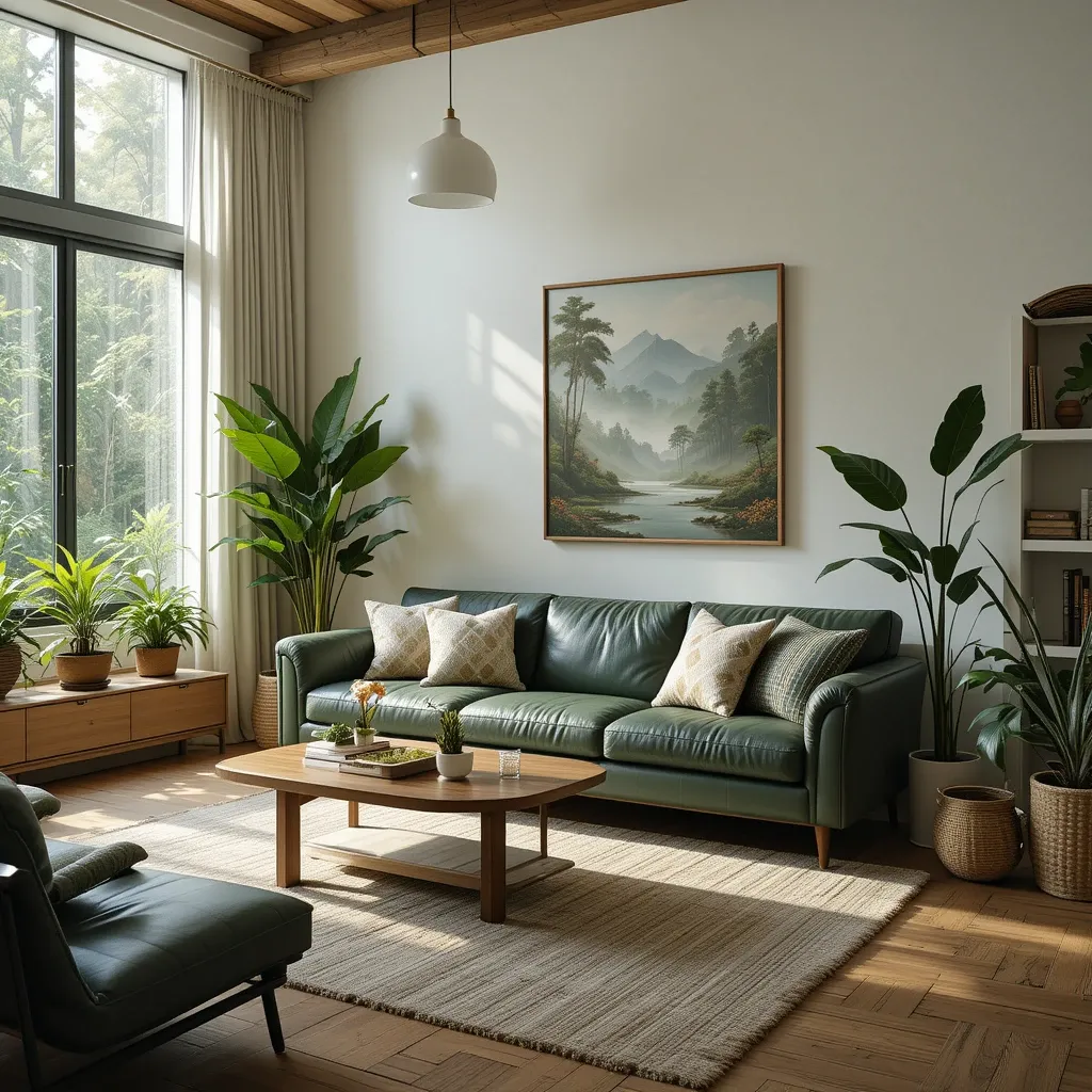 Deep Green Leather Sofa in a Nature-Inspired Room