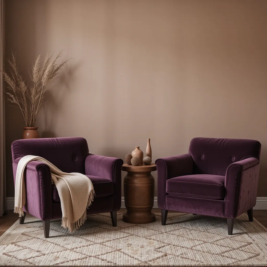 Deep Plum Upholstered Chairs with Neutral Throw