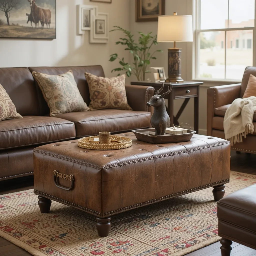 Distressed Leather Ottoman