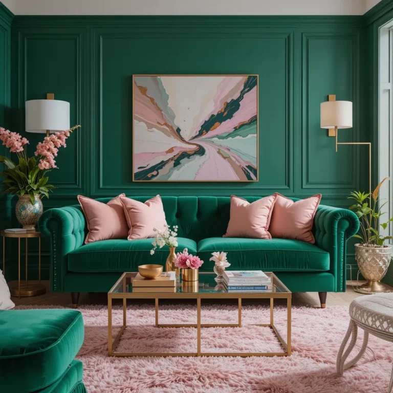 Emerald Green Velvet Sofa with Blush Accents