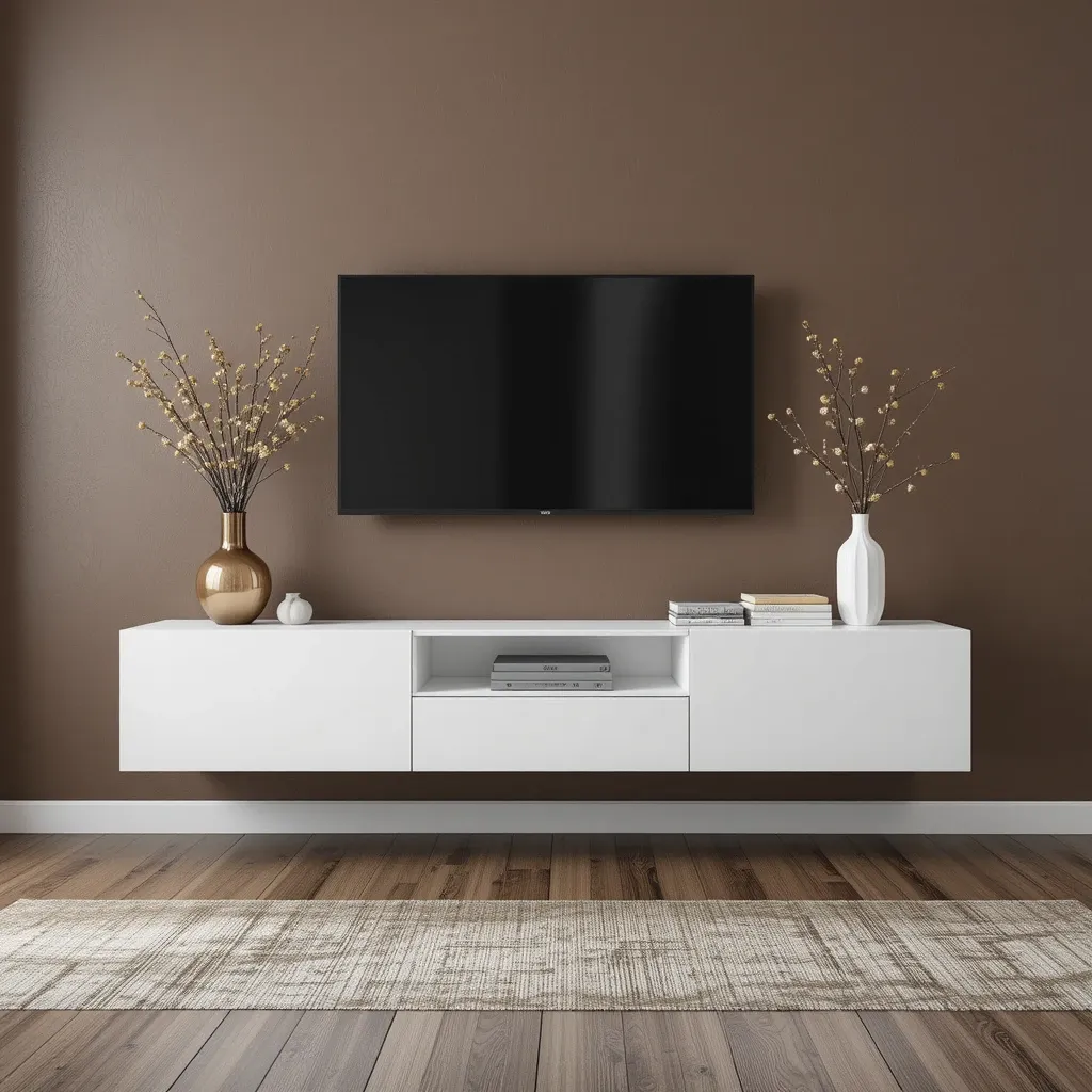 Floating White Media Unit Against a Brown Wall