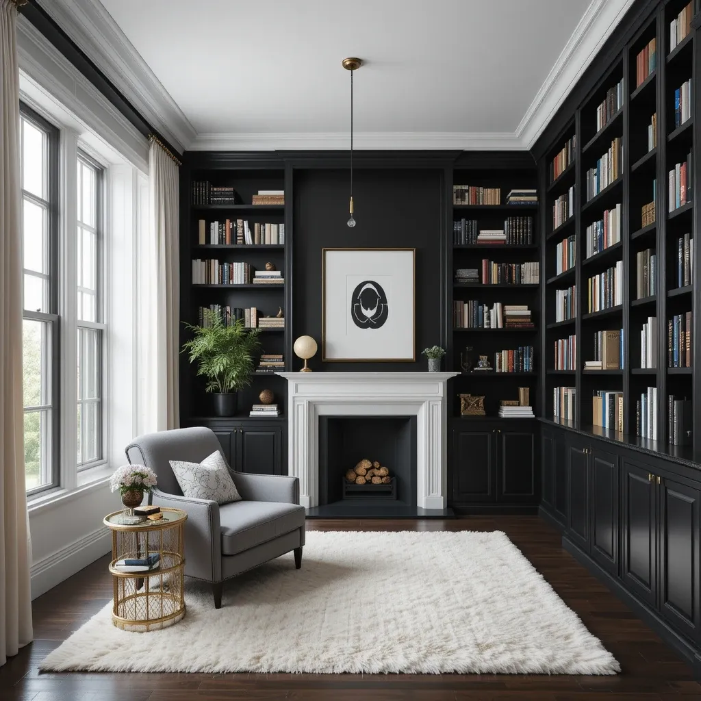 Floor-to-Ceiling Black Bookshelves with Gold Handles