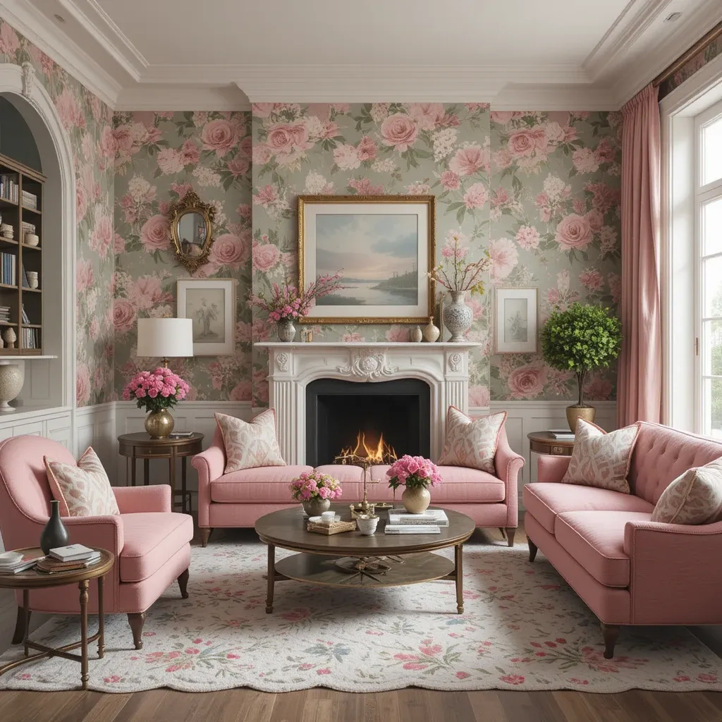 Floral Wallpaper with Pink and Green Hues