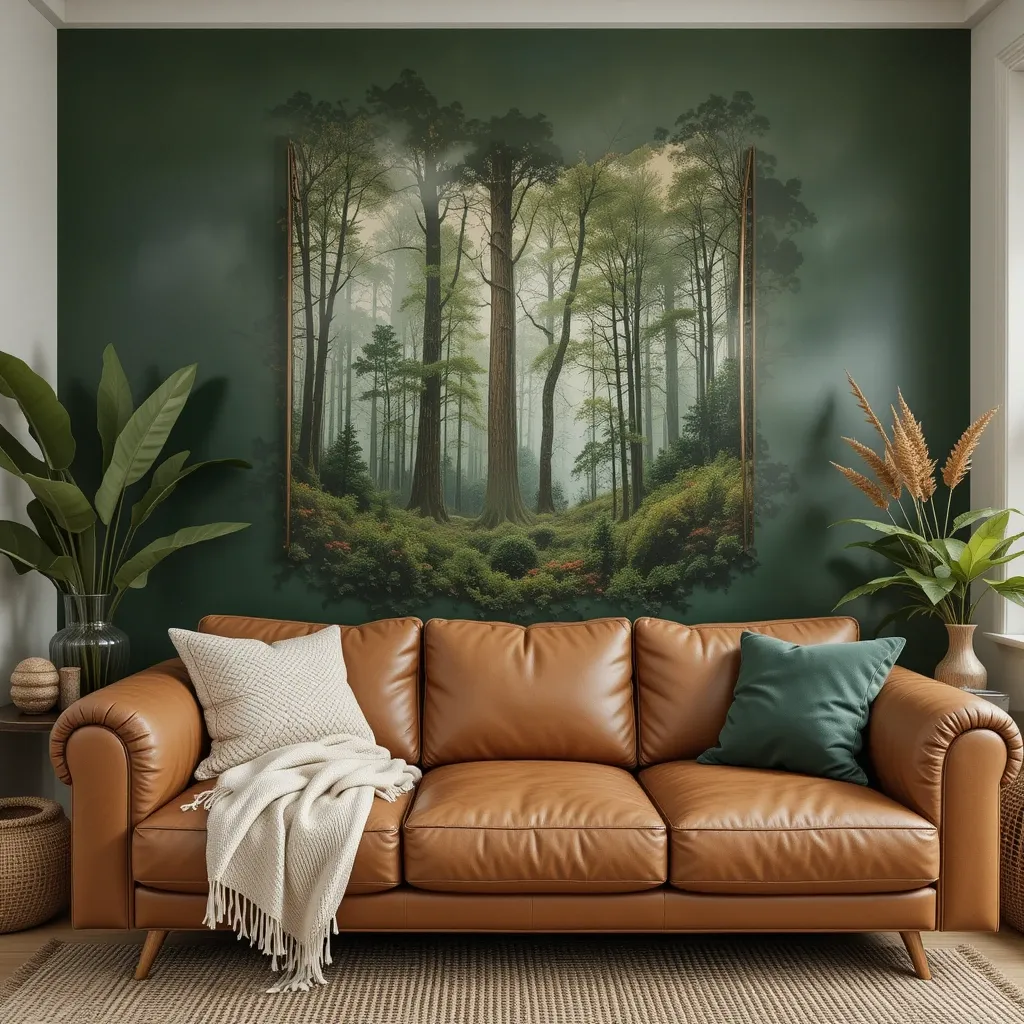 Forest Green Accent Wall with Warm Leather Sofa