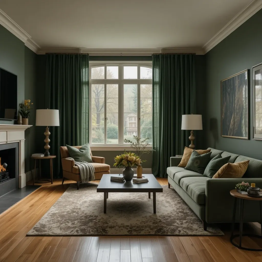 Forest Green Curtains with Tan Flooring
