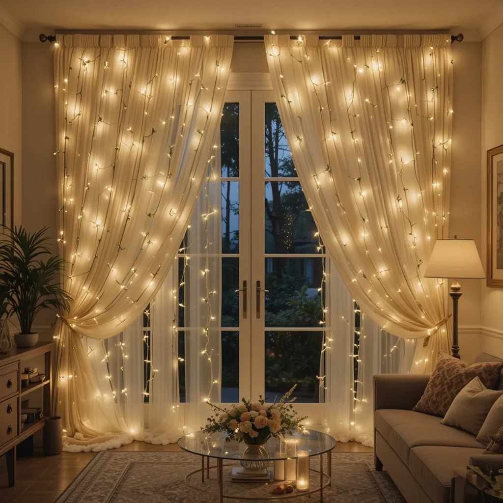Globe String Lights Over Drapes
