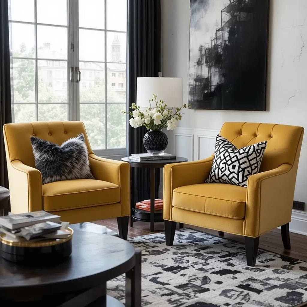 Gold Accent Chairs with Black and White Textured Pillows
