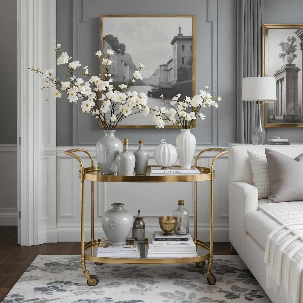 Gold Bar Cart with Grey and White Accessories