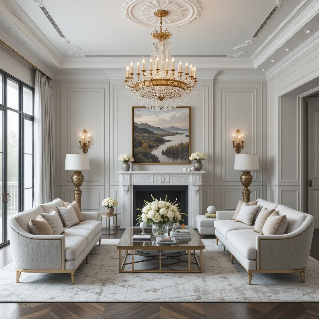 Gold Chandelier with Grey and White Interiors