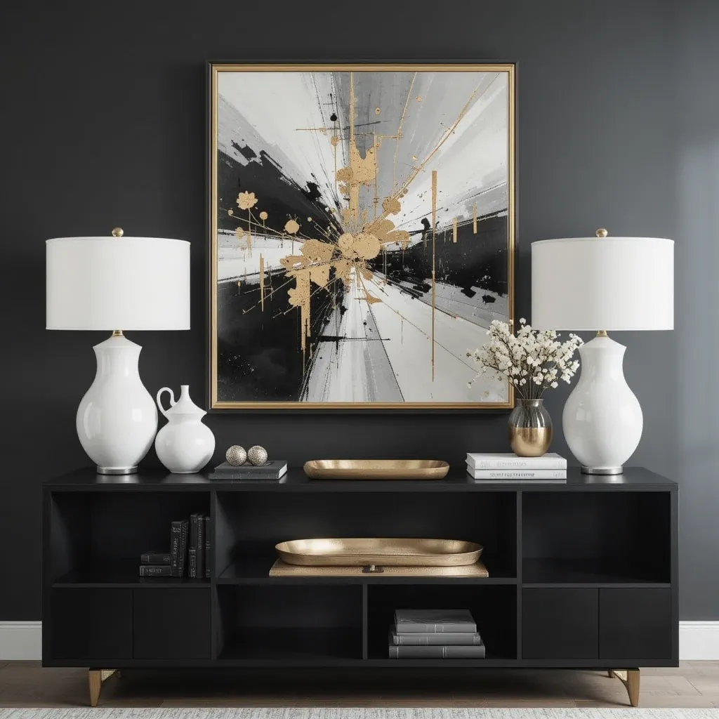 Gold-Framed Abstract Art Over a Black Console Table