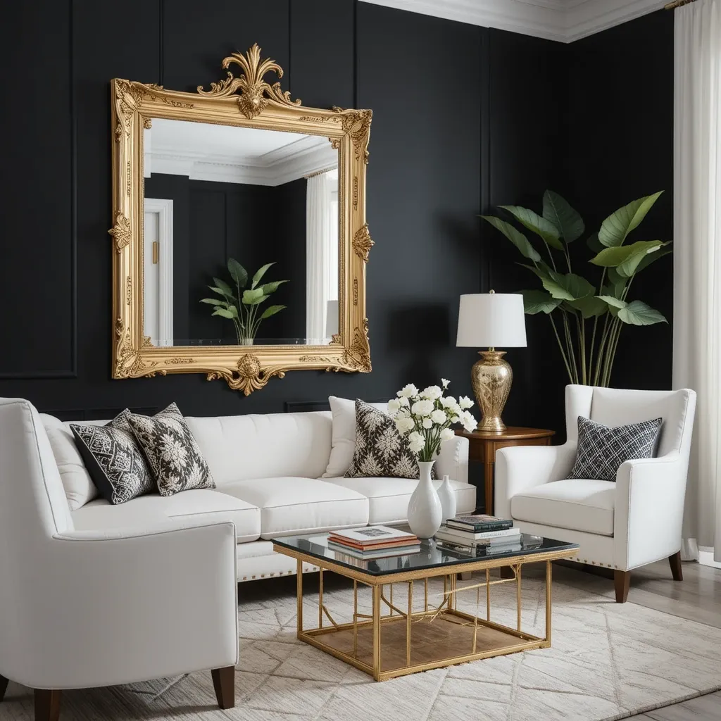 Gold-Framed Mirror on Black Accent Wall with White Furniture