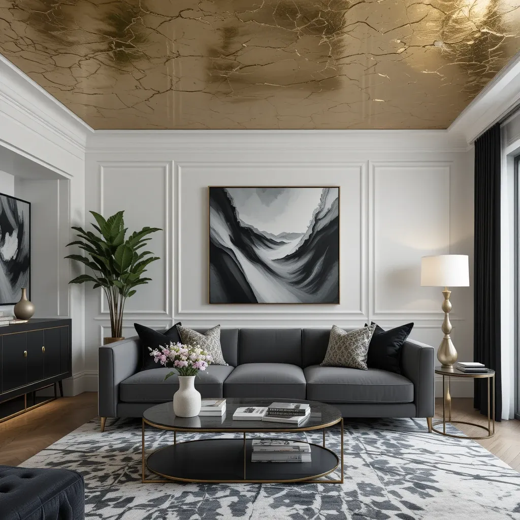Gold Leaf Ceiling with Black and White Decor