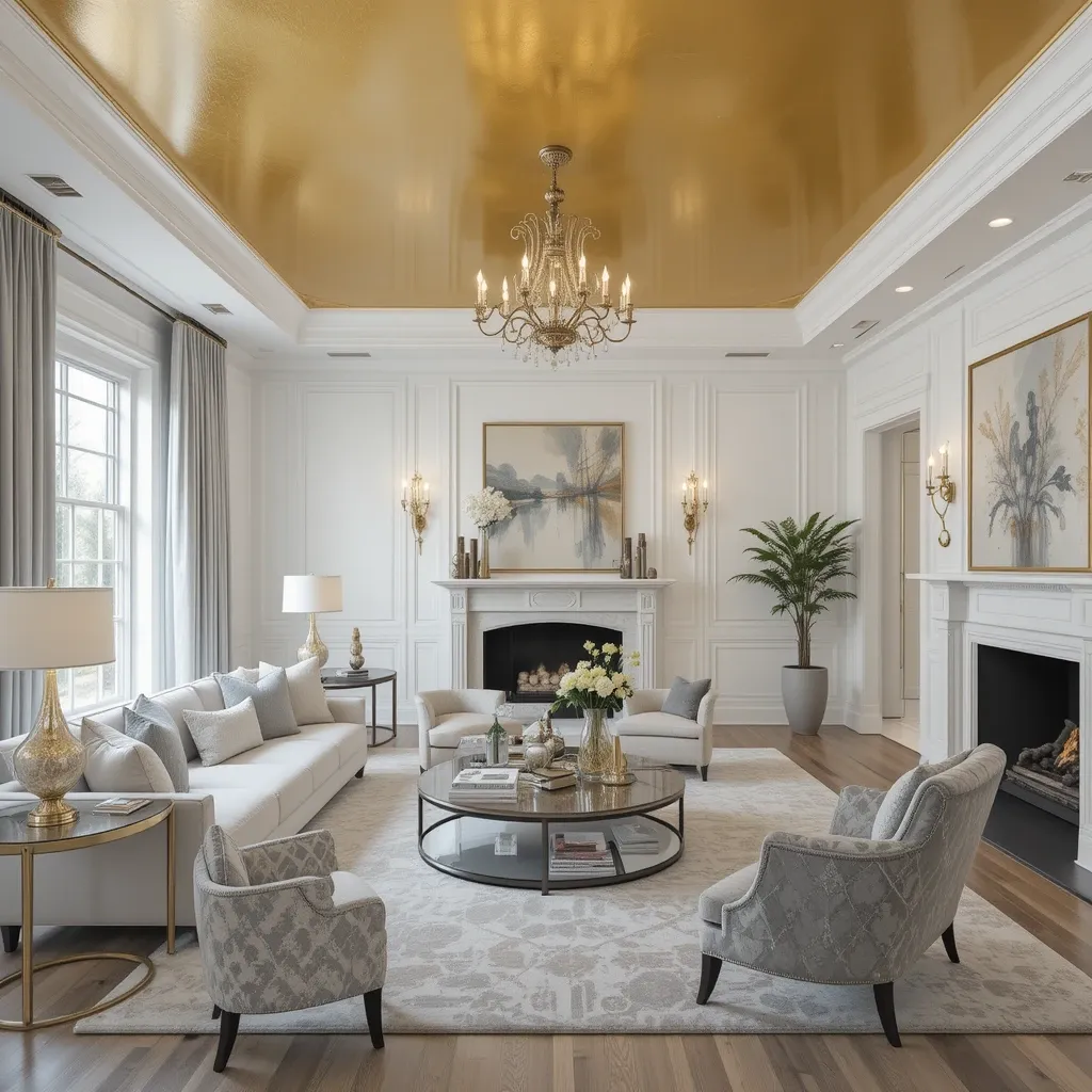 Gold Statement Ceiling with White and Grey Interiors