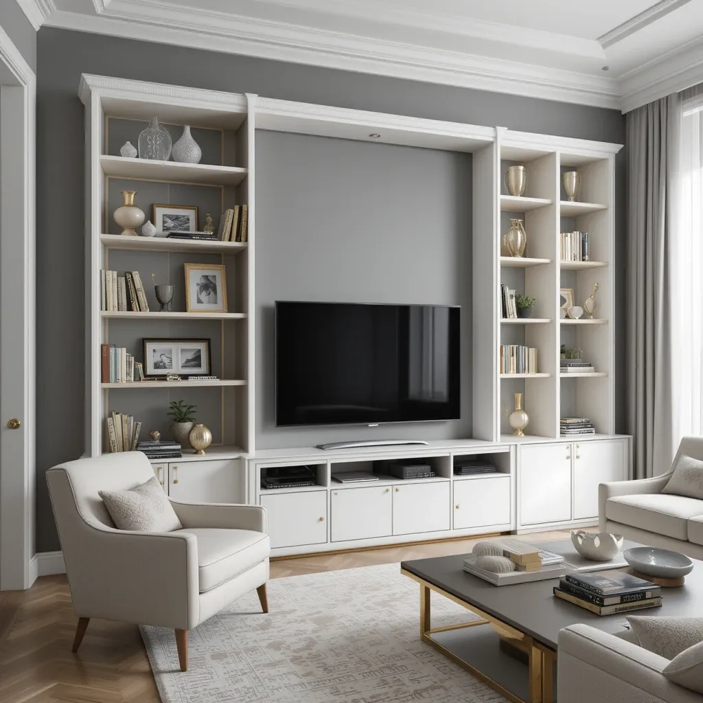 Gold and White Bookshelves Against a Grey Wall
