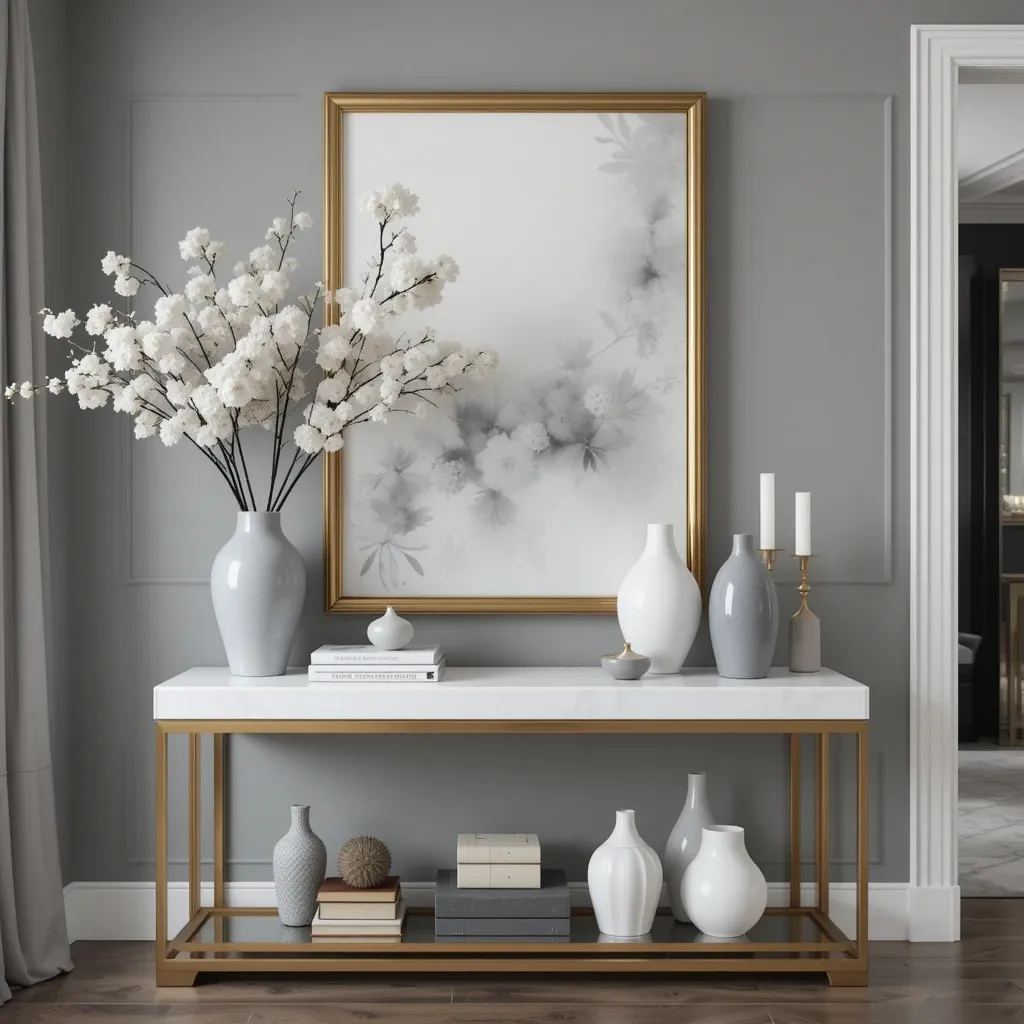 Gold-framed Console Table with Grey and White Accessories