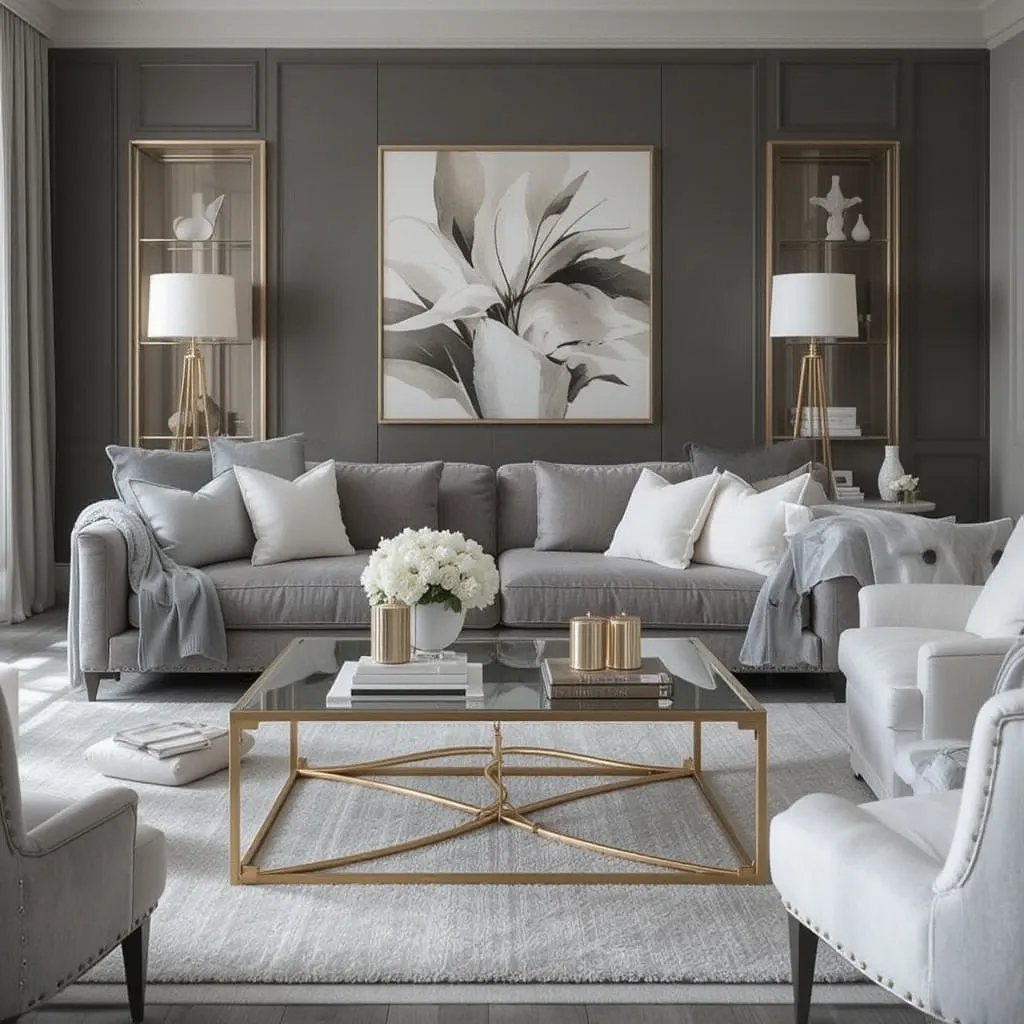 Gold-framed Glass Coffee Table with Grey Sofas